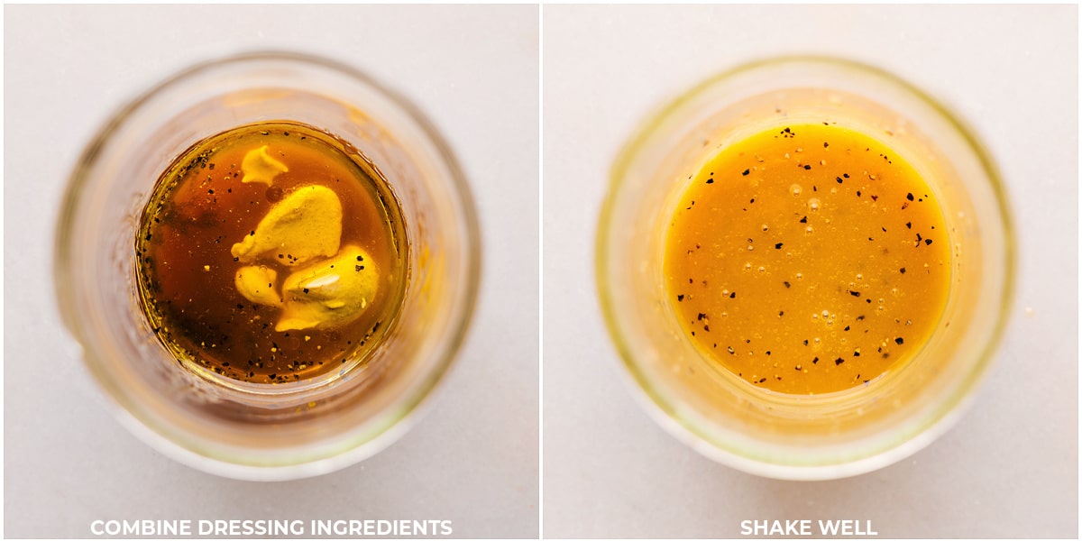 Creation of the salad dressing, with various ingredients being poured and mixed together in a mason jar.