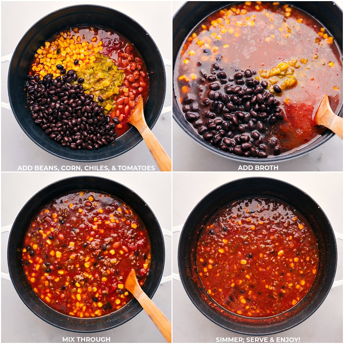 Adding beans, corn, chiles, and broth, and mixing it all together in a pot.