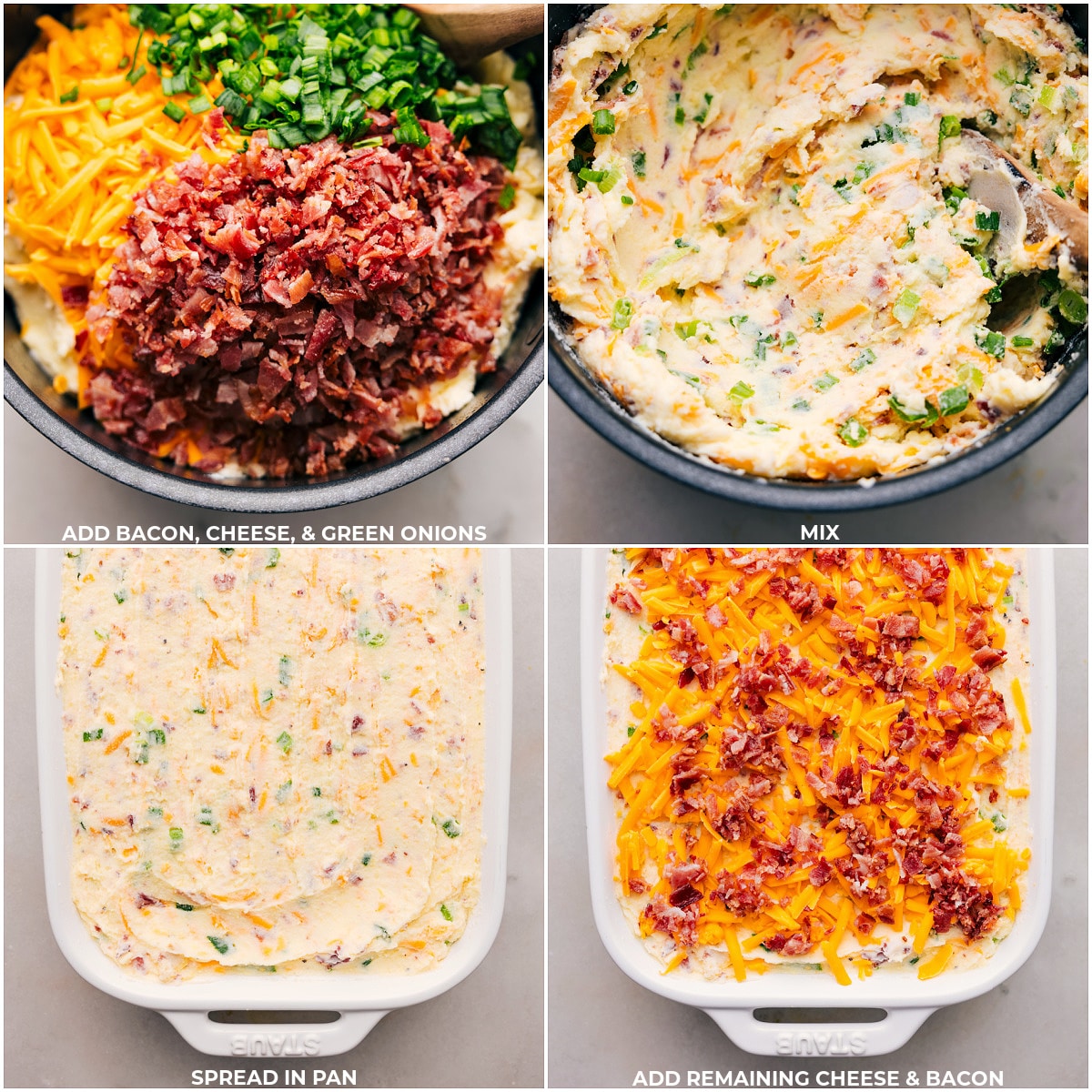 Mixing potatoes with bacon, cheese, and green onions before spreading in casserole dish.