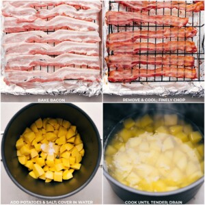 Sizzling bacon strips in a hot skillet and potatoes simmering in a pan for Twice-Baked Potato Casserole.