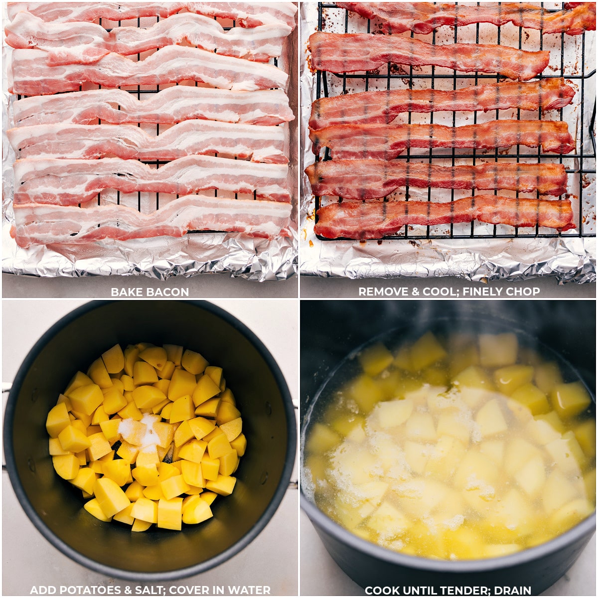 Sizzling bacon strips in a hot skillet and potatoes simmering in a pan for Twice-Baked Potato Casserole.