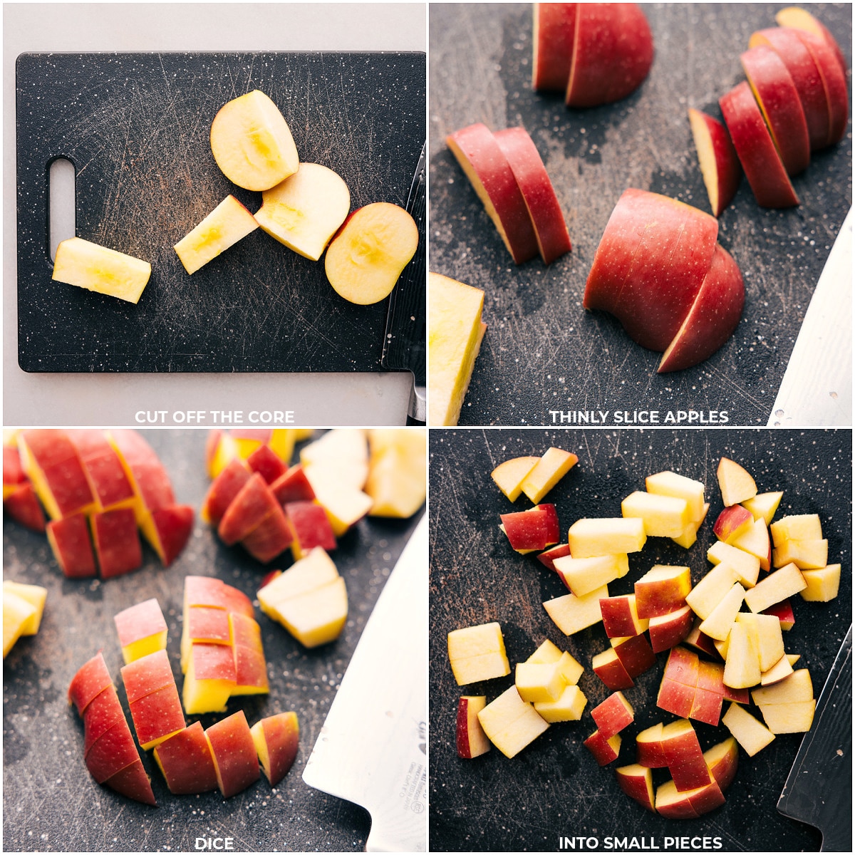 Diced fresh apples on a cutting board with a knife.