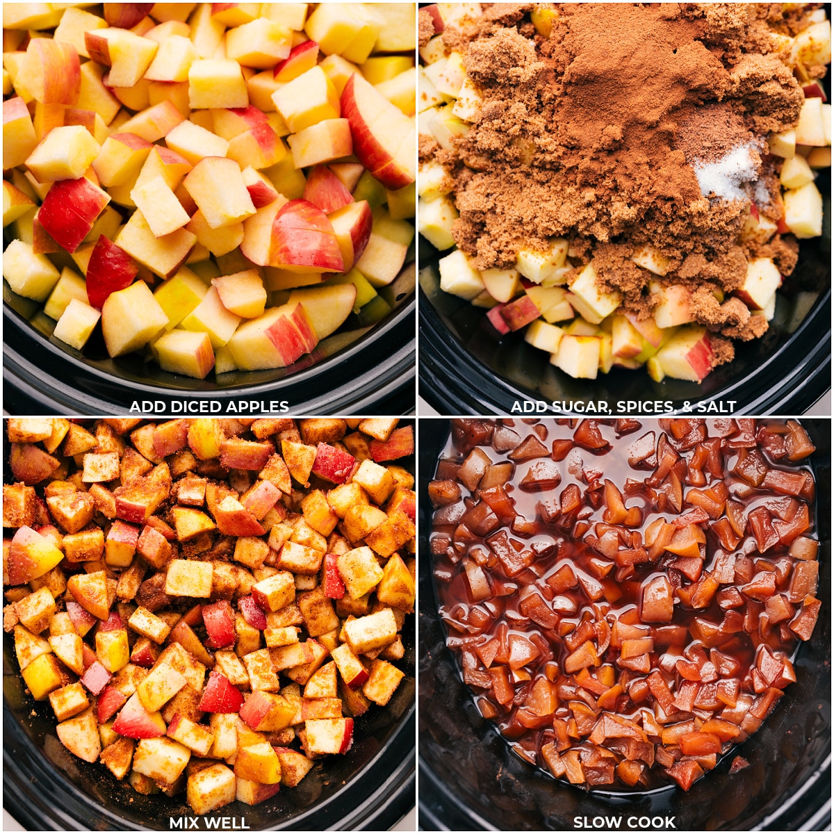 Ingredients for Apple Butter, including fresh apples, spices, vanilla, and sugar, being added to a slow cooker for simmering.