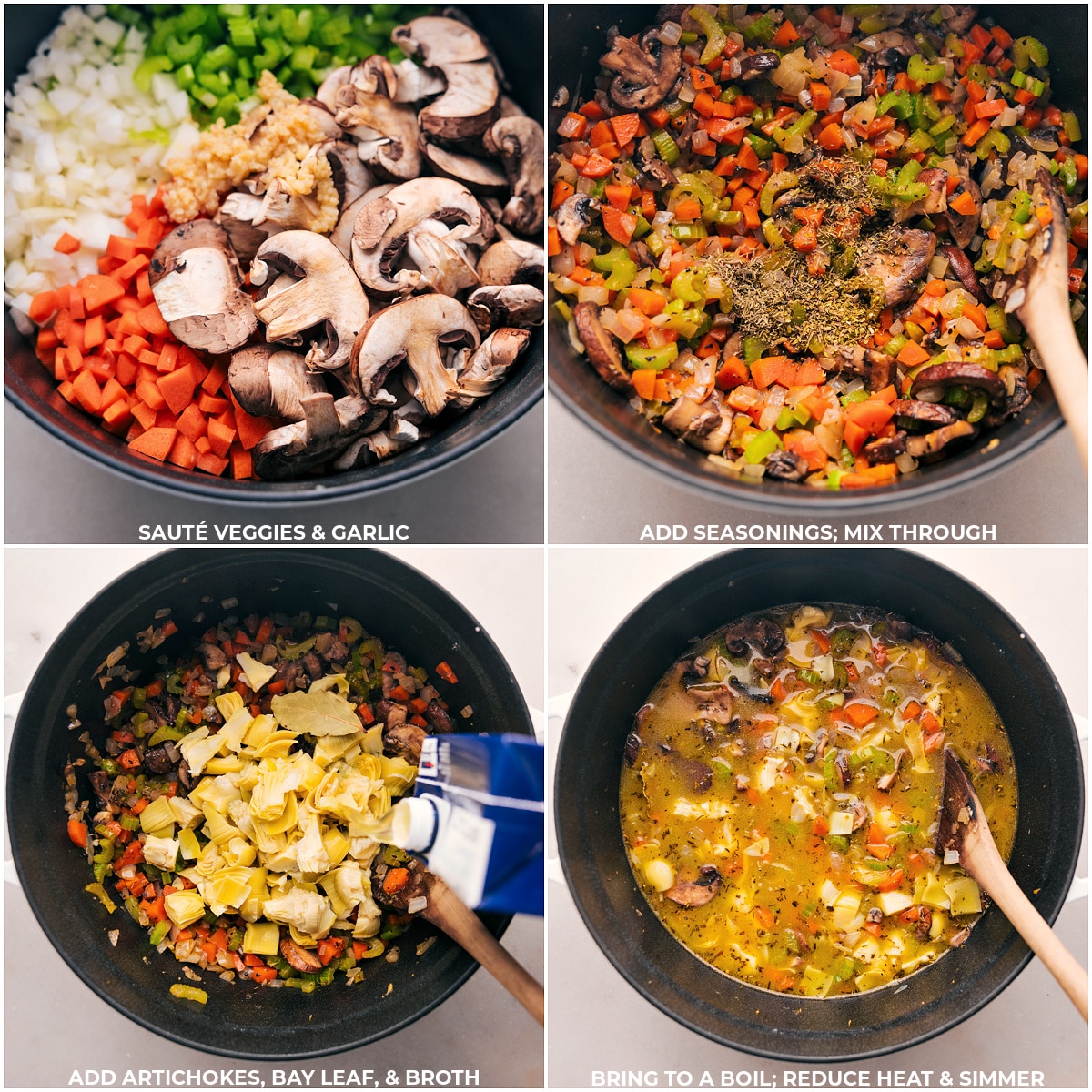 Sautéed vegetables and garlic in a pan, with seasonings and broth being added, ready for simmering.