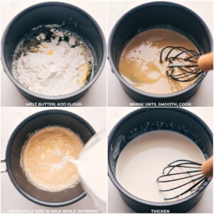 Butter melting in a pot with flour being added and whisked until smooth, followed by the gradual addition of milk to achieve a thick consistency.