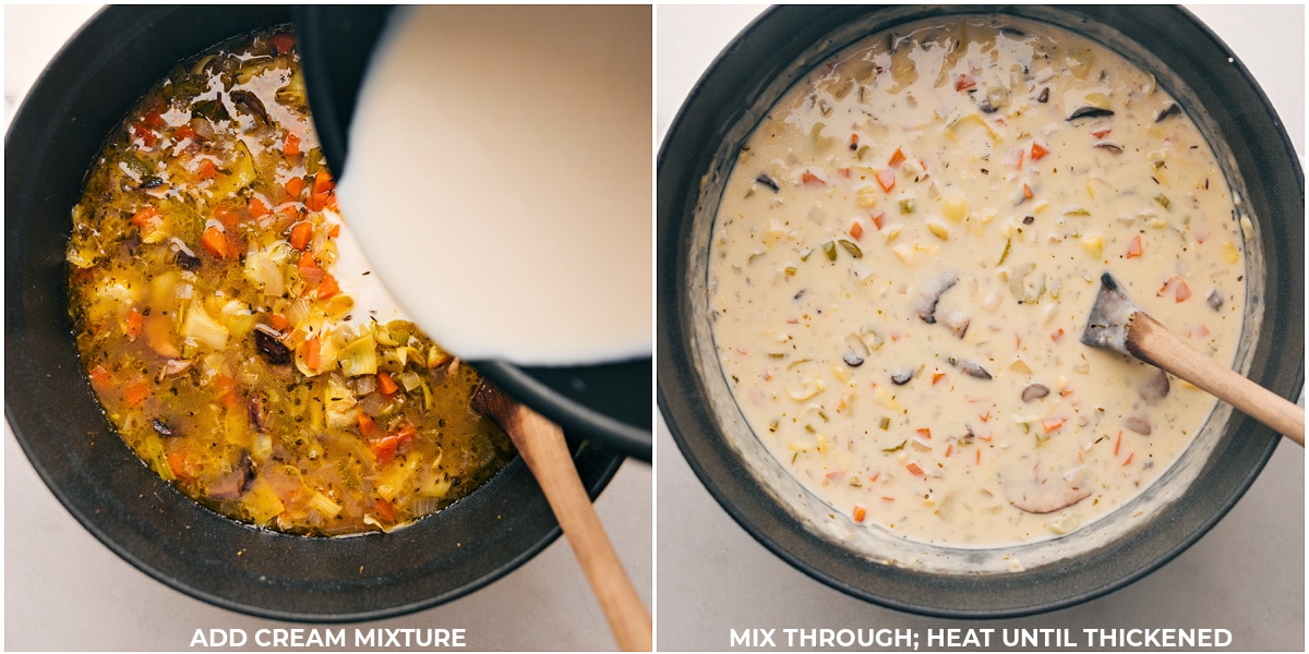 Cream being poured into the delicious mixture in a pot, heated until it thickens to a creamy consistency.