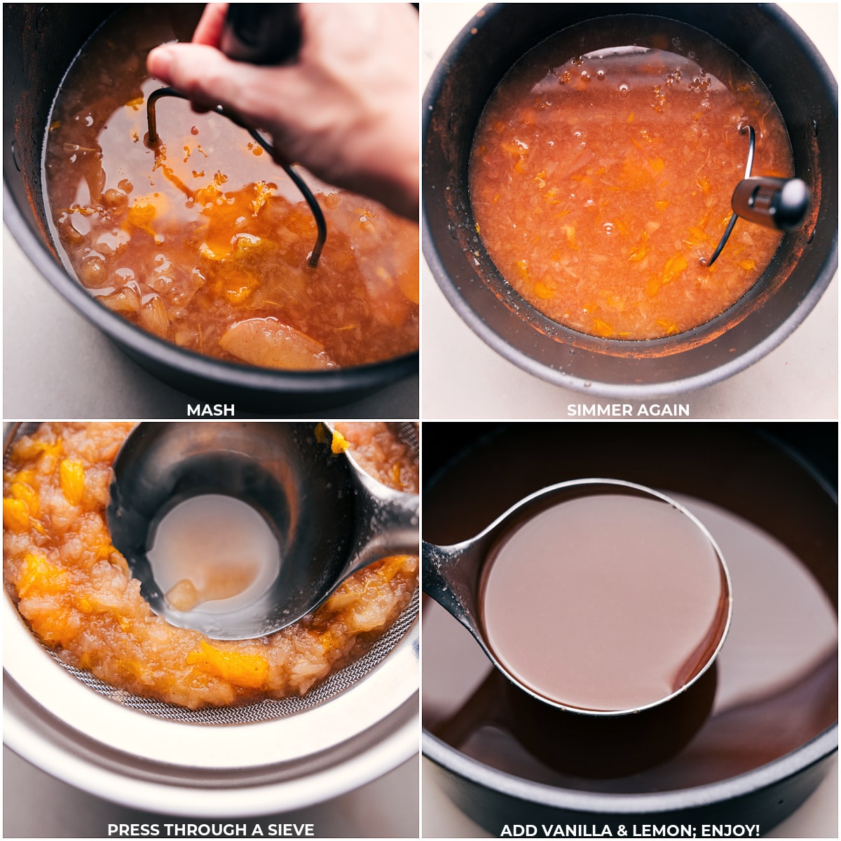 Freshly smashed juice being strained through a mesh sieve.