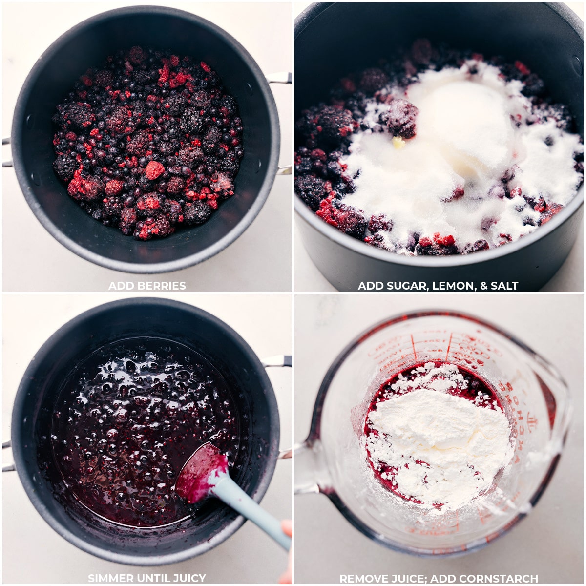 All the berries, sugar, lemon, salt, and cornstarch being added to a pot to simmer until juicy for this berry pie.