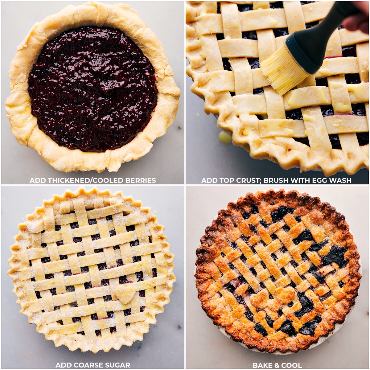 Collage showing filling the pie with the cooled and thickened berries, then adding the crust on top and brushing it with an egg wash and baking the Berry Pie.