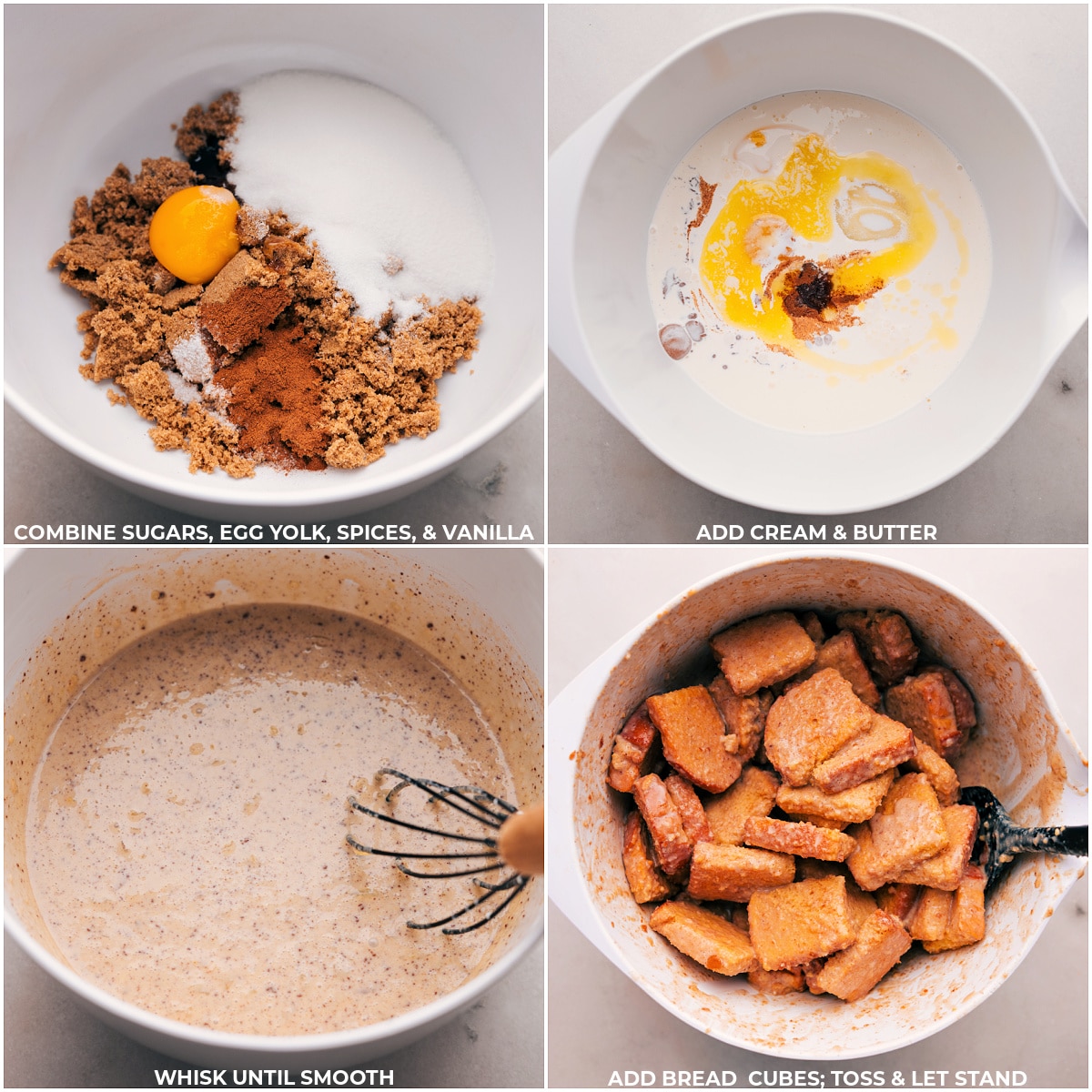 Wet and dry ingredients being combined and whisked until smooth, with bread cubes added and tossed until coated for bread pudding.