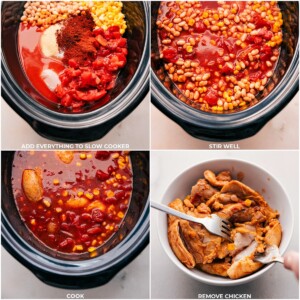 All the ingredients for the buffalo chicken chili being added to the crockpot and it all being cooked.