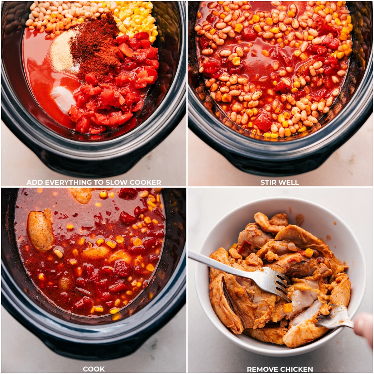 All the ingredients for the Buffalo Chicken Chili being added to the crockpot and it all being cooked.