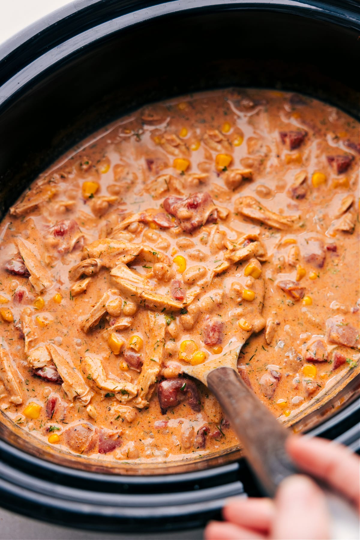 Buffalo Chicken Chili in the crockpot ready to be served.