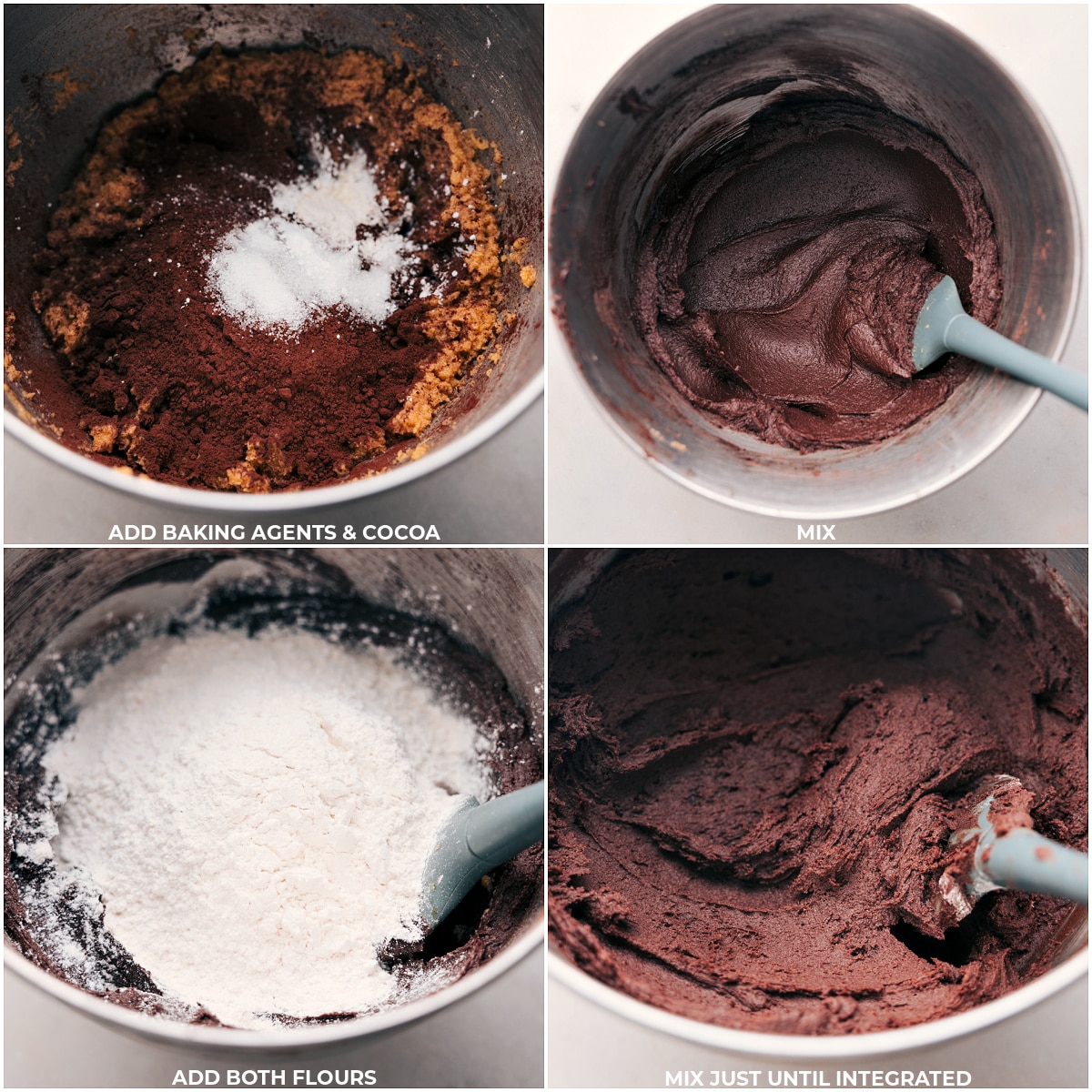 Baking agents, cocoa powder, and both types of flours being creamed together.