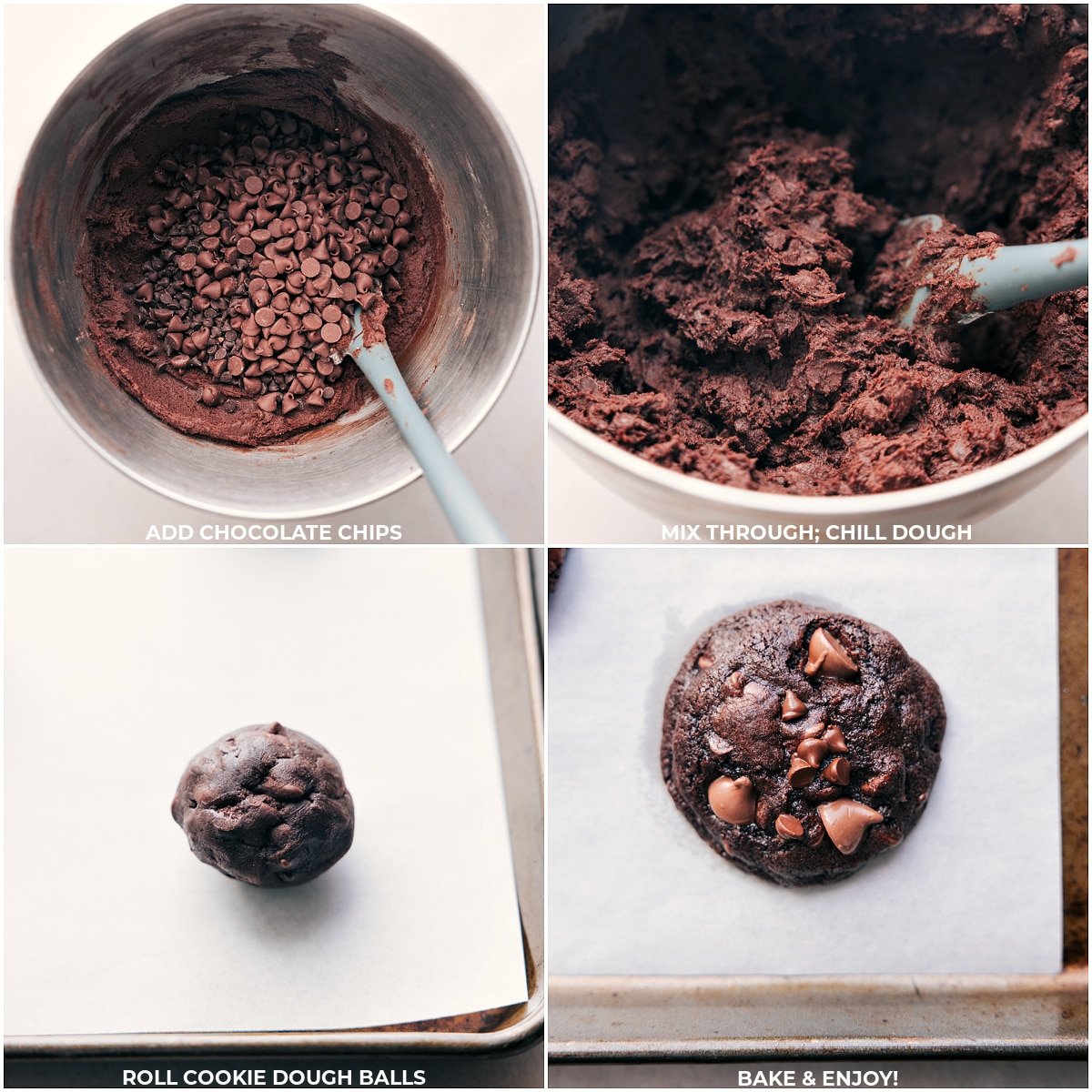 Chocolate chips being mixed through and the chocolate cookies being baked up.