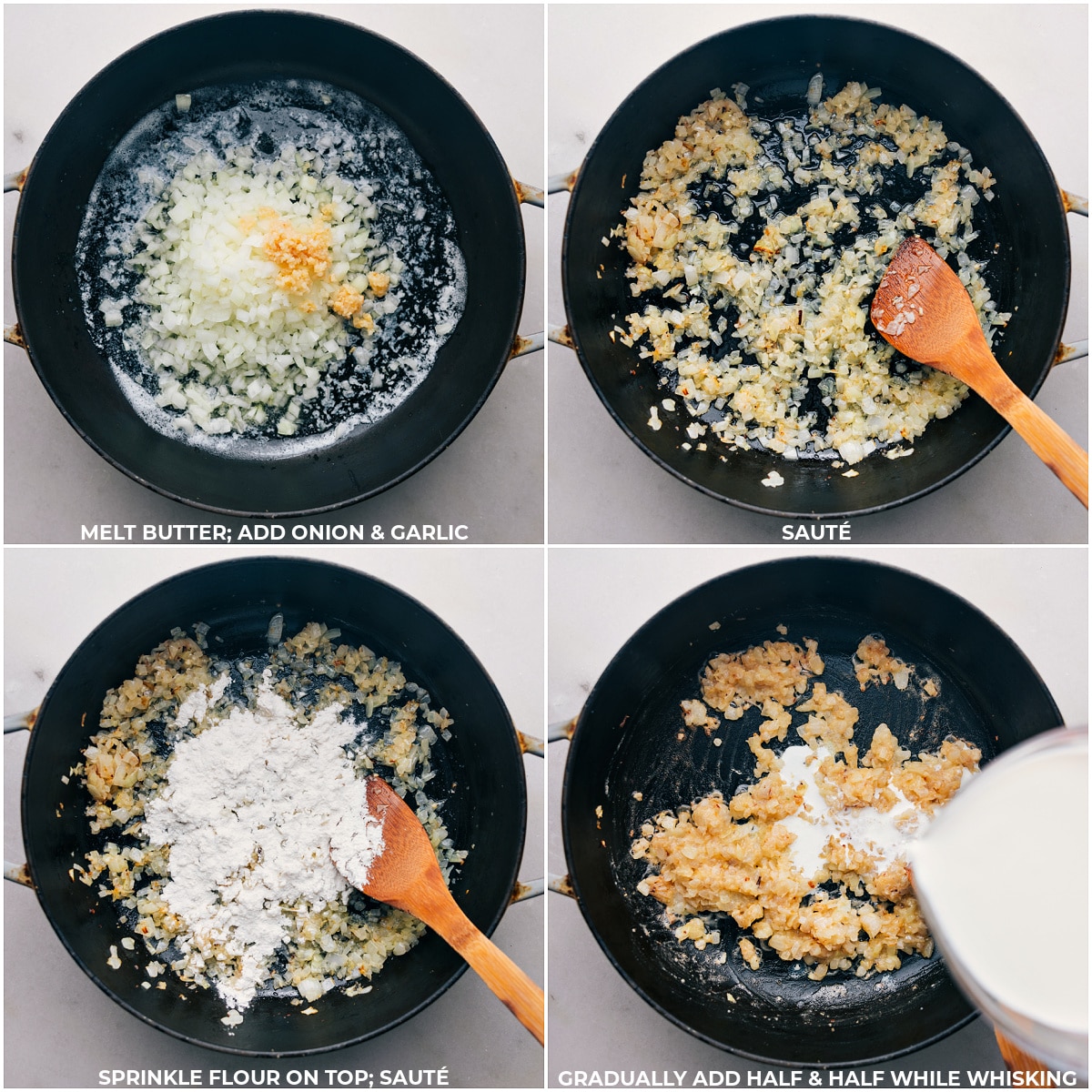 Melting butter and sautéing onion and garlic, then adding flour and half-and-half and whisking together.