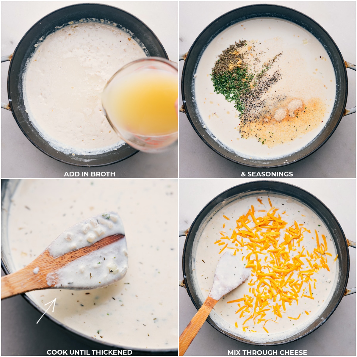 Adding broth and seasonings to a pot, cooking until thickened, and mixing in cheese to melt.
