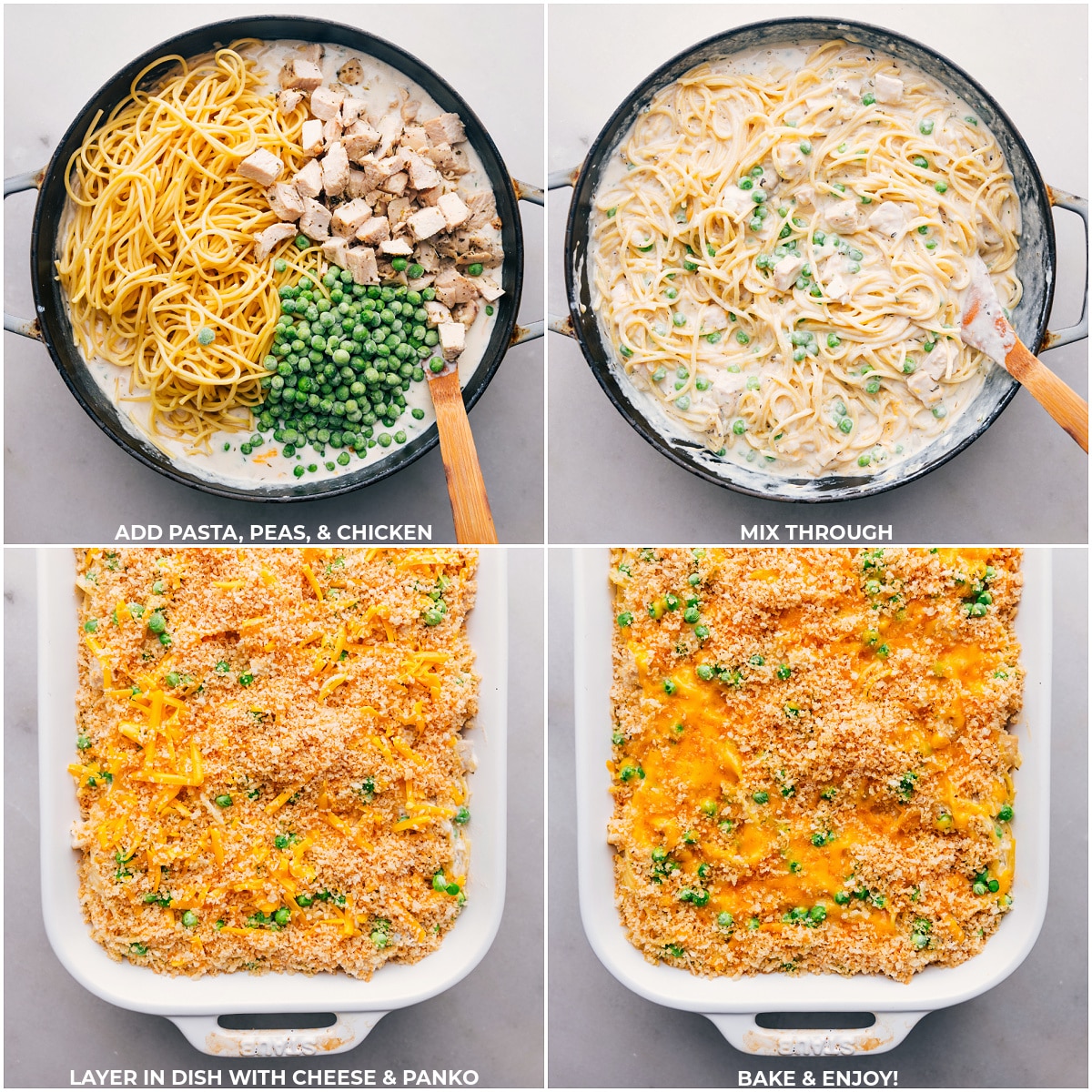 Adding pasta, peas, and chicken to a casserole dish, topped with cheese and panko to complete the chicken tetrazzini recipe.