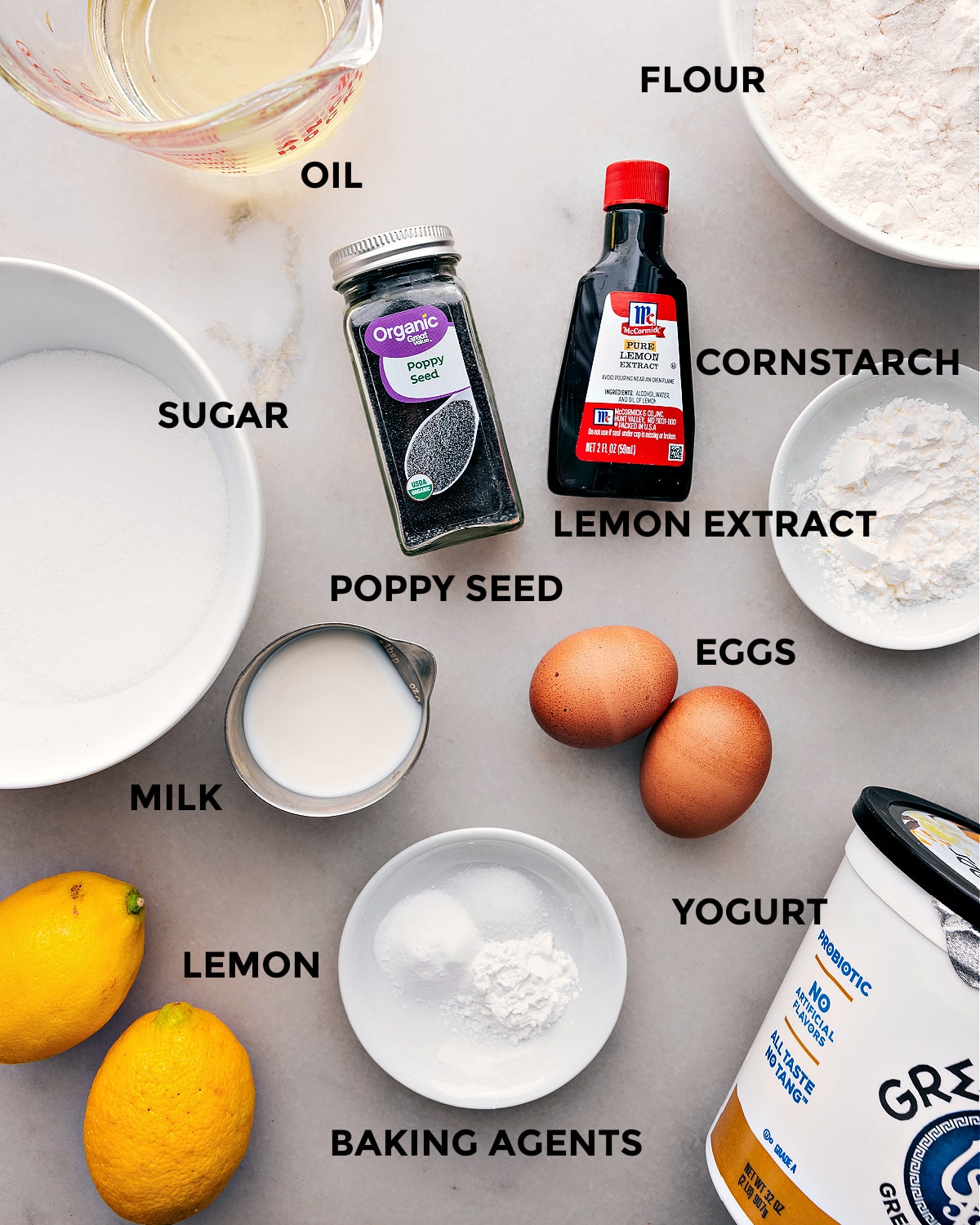 Separated wet and dry ingredients for baking.