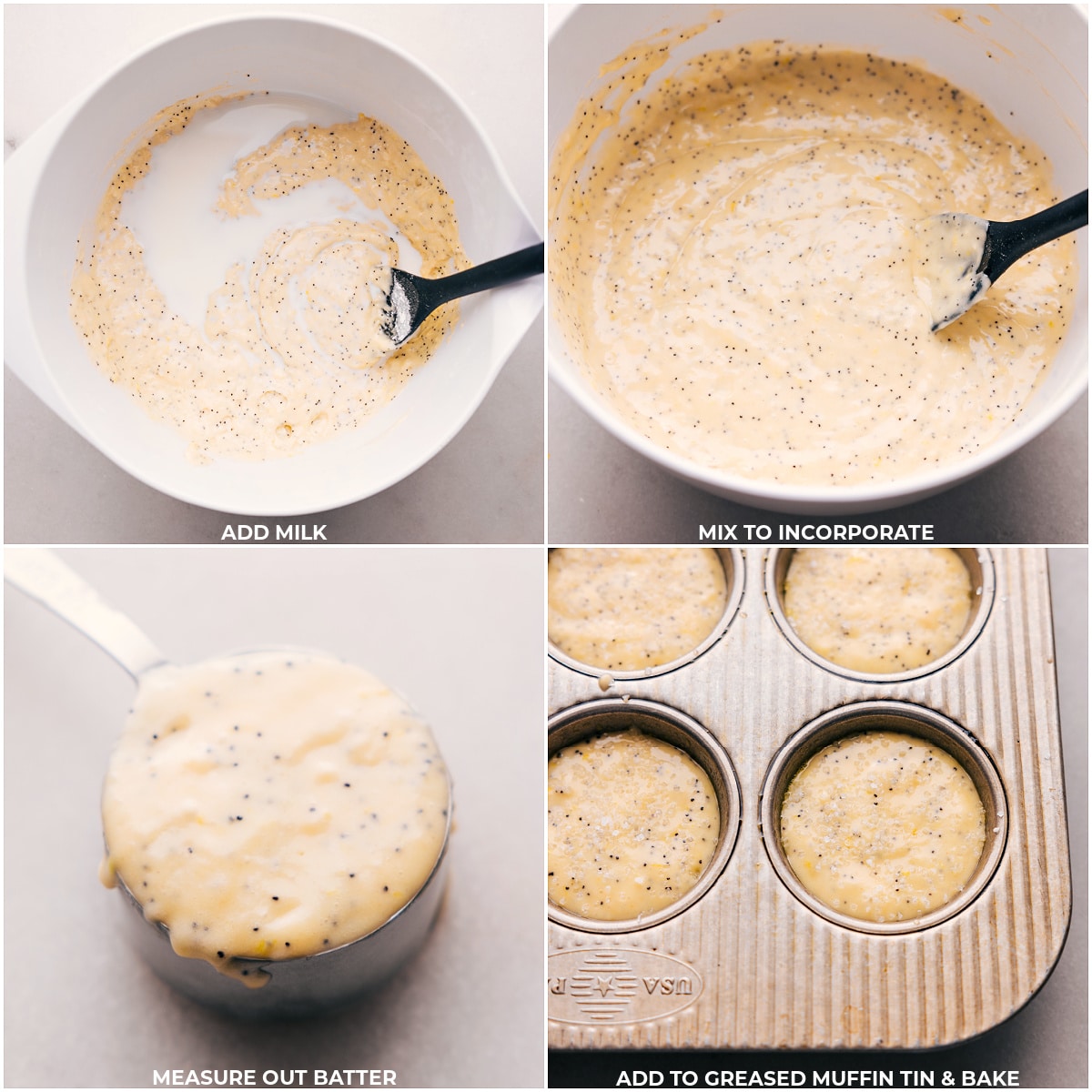 Batter for the lemon poppy seed muffin recipe being scooped into a muffin tin.