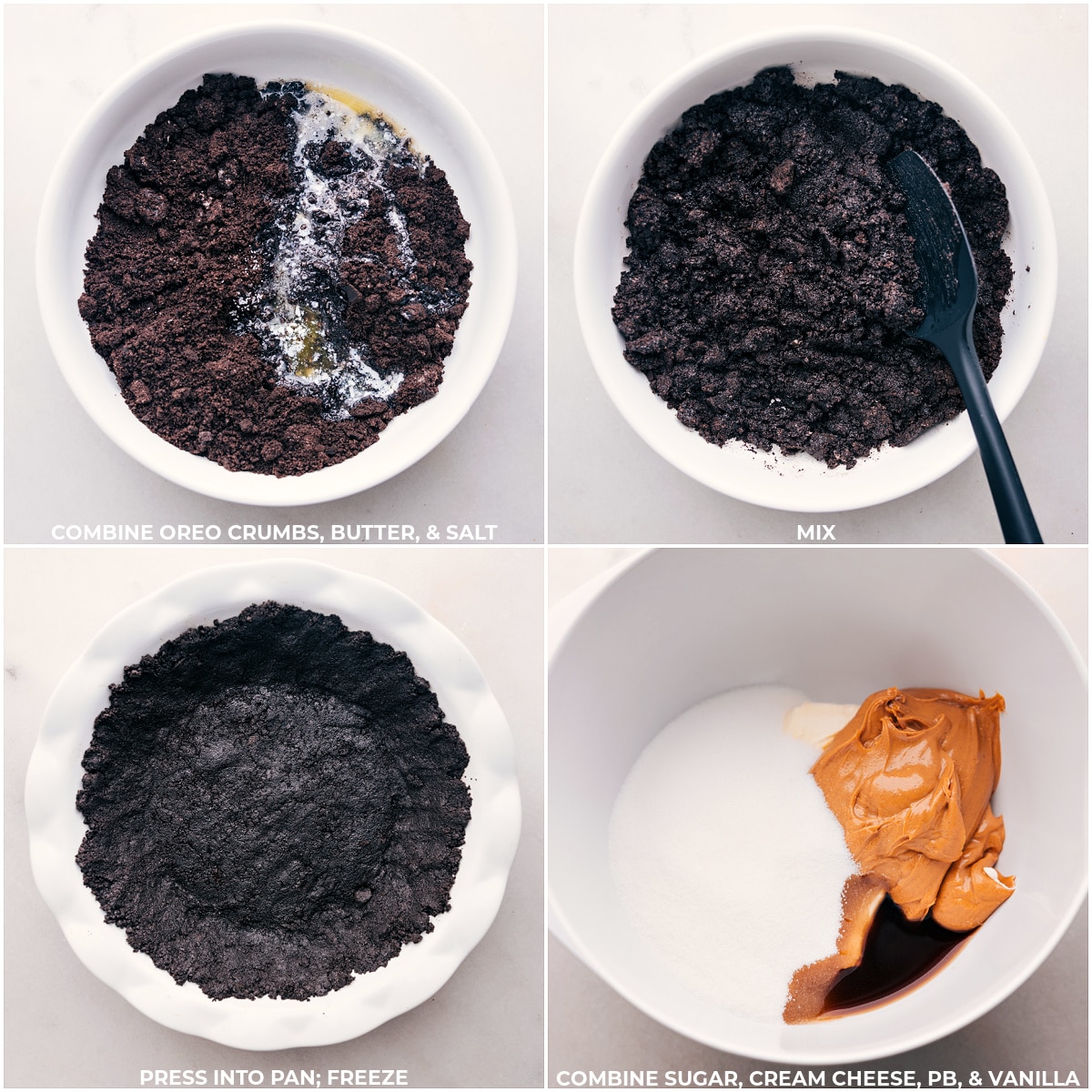 The crust ingredients being prepped and spread into a pie pan and frozen, then the filling being added to a bowl for peanut butter pie.