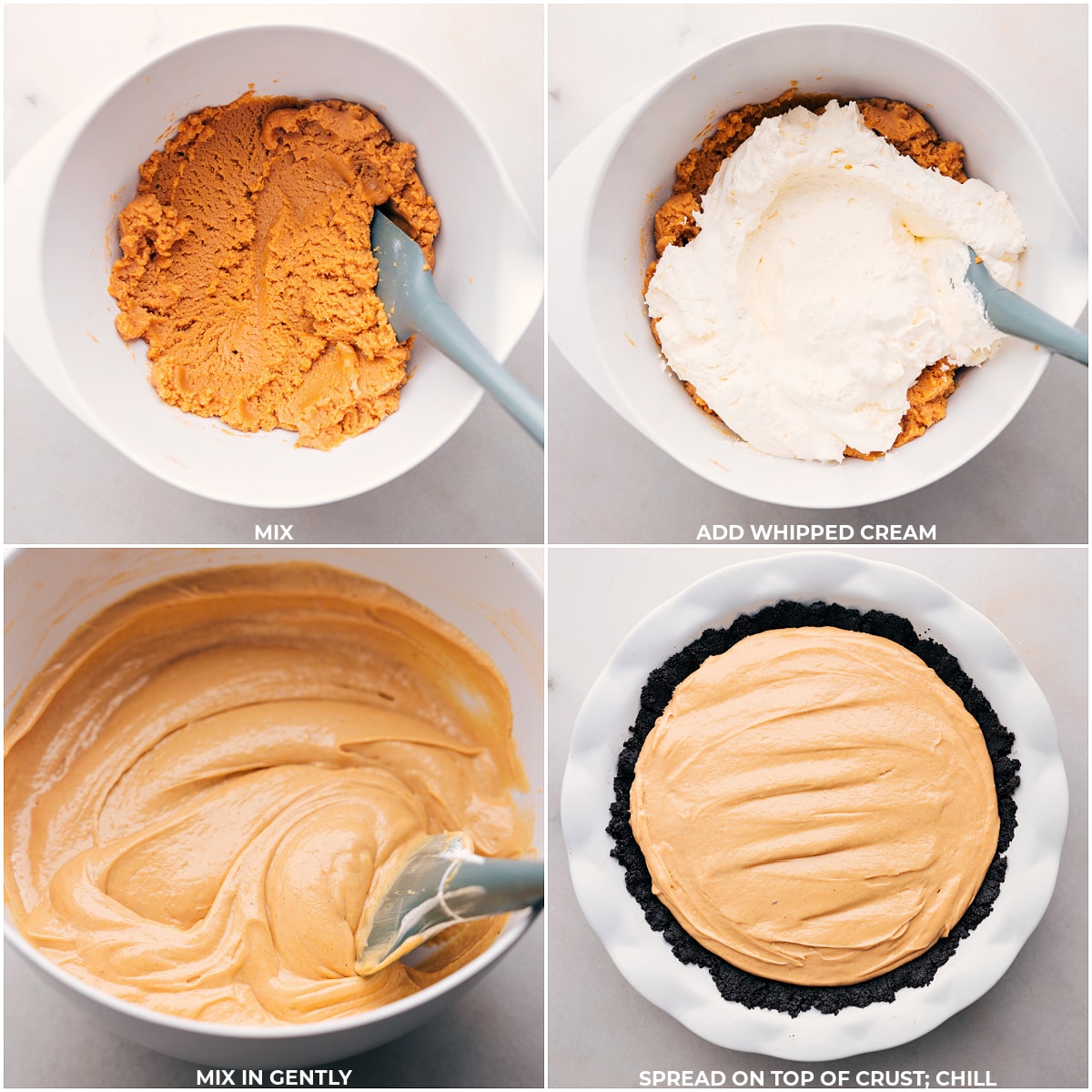 All the filling ingredients being mixed together and spread into the pie pan ready to be chilled.