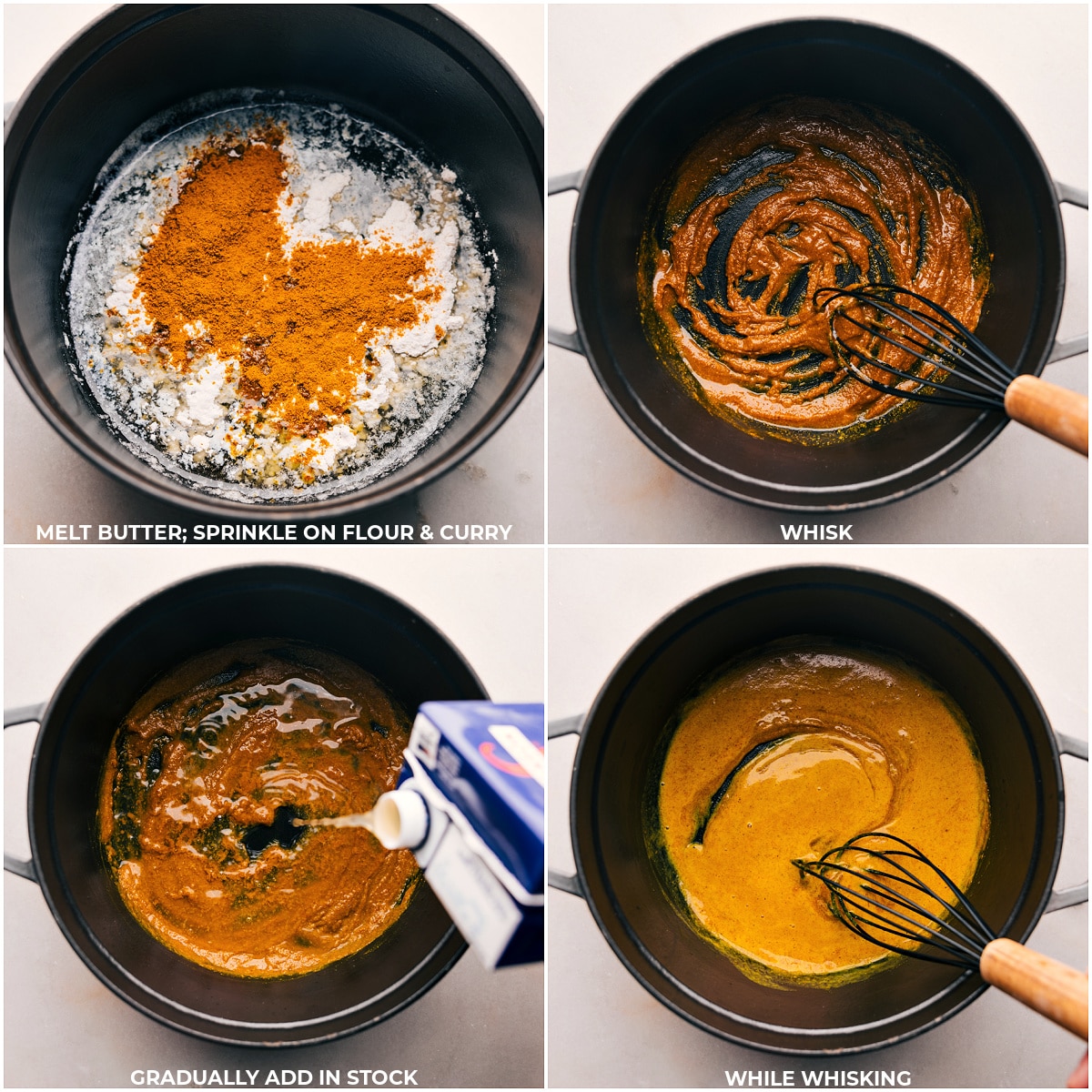 Butter, flour, curry powder, and stock being whisked together in a pot for Pumpkin Curry Soup.