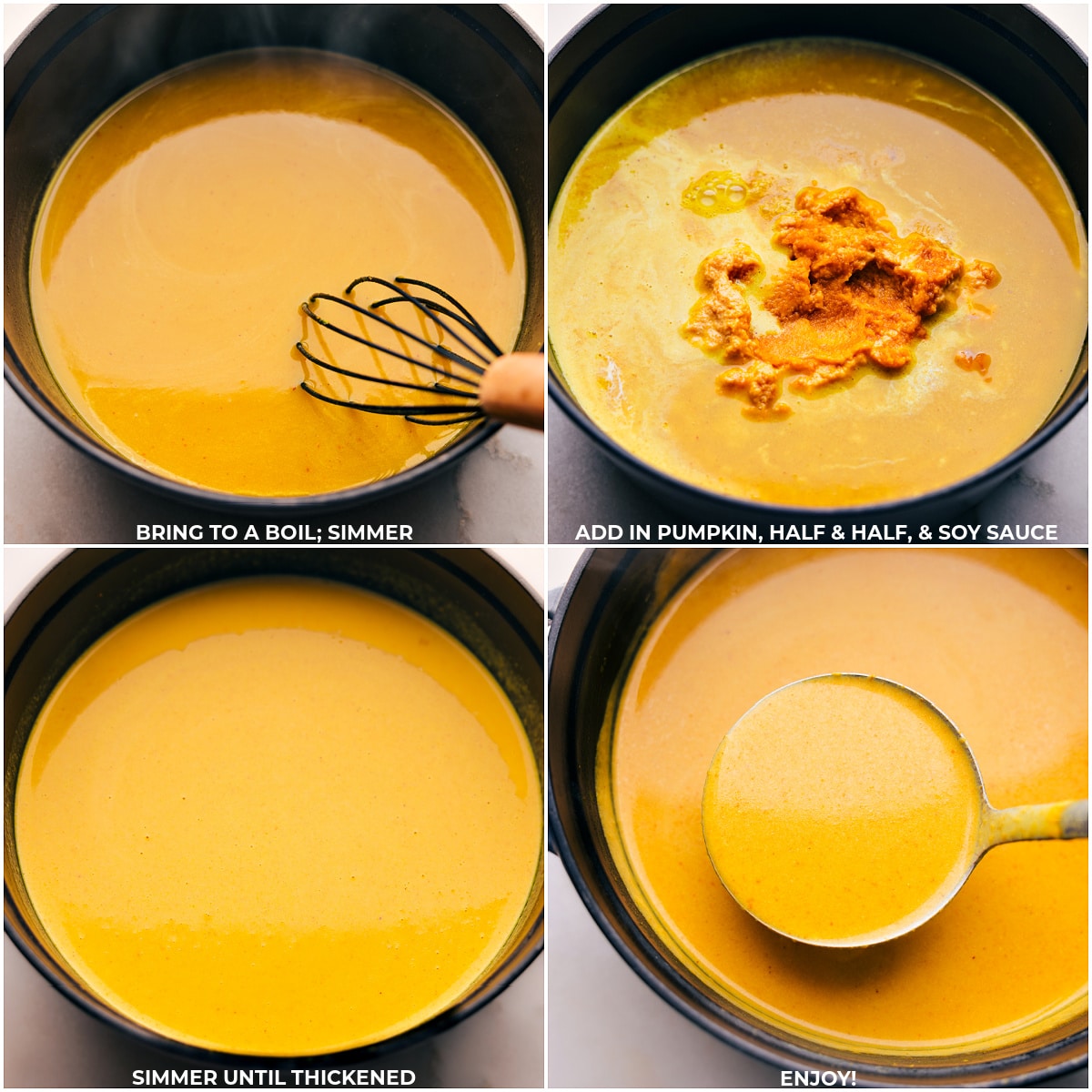 The dish being simmered and then pumpkin, half and half, and soy sauce being whisked together.