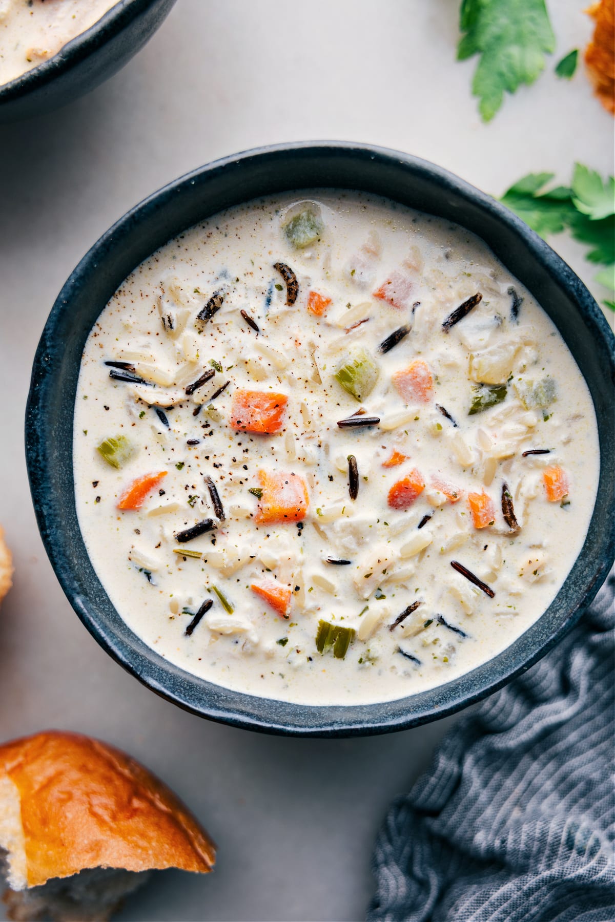 Creamy Chicken and Wild Rice Soup in a bowl ready to be enjoyed.