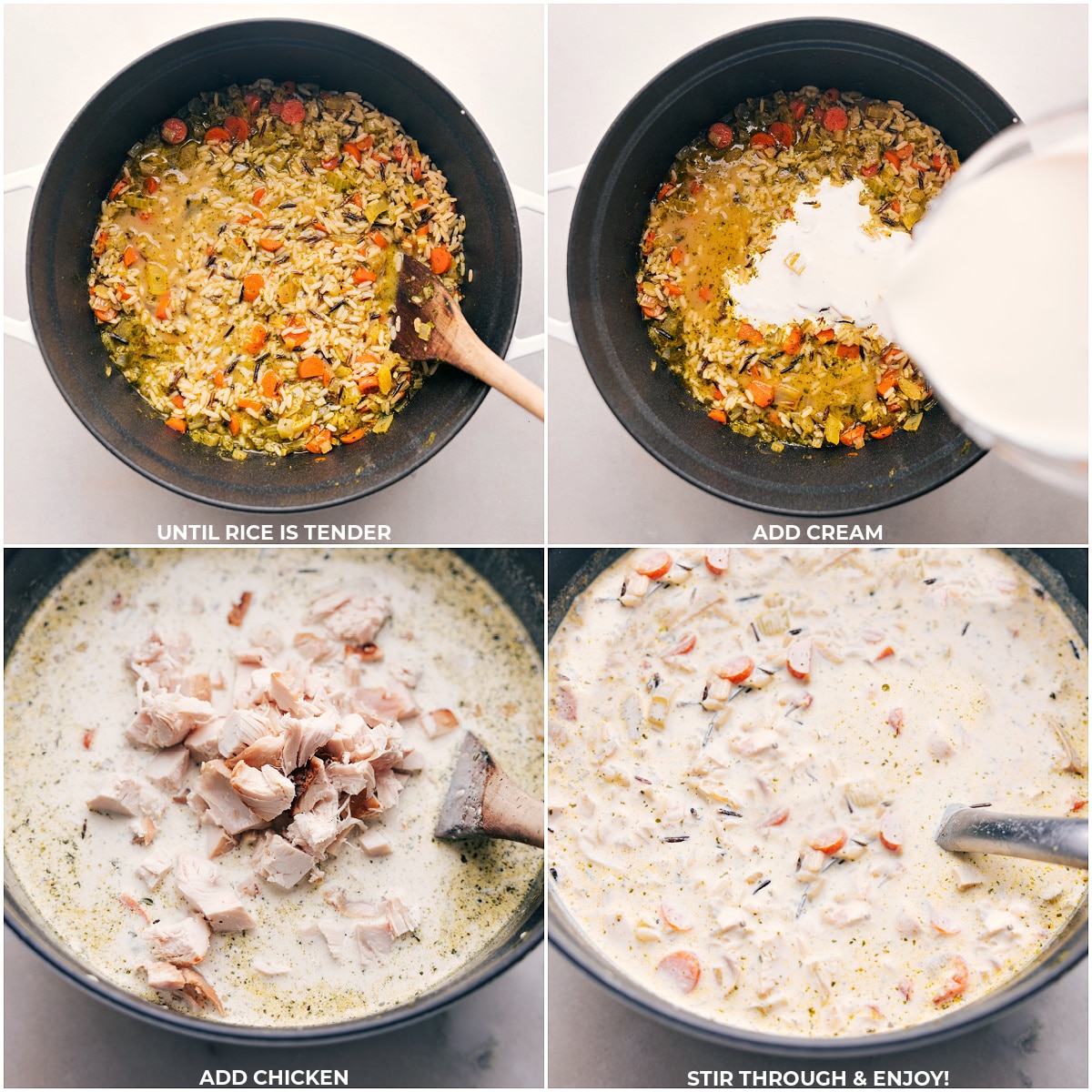 Cream and chicken being added to the pot for this dish.