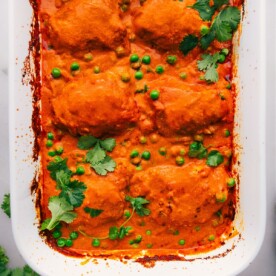 One pan tikka masala freshly out of the oven, warm and covered in delicious sauce.