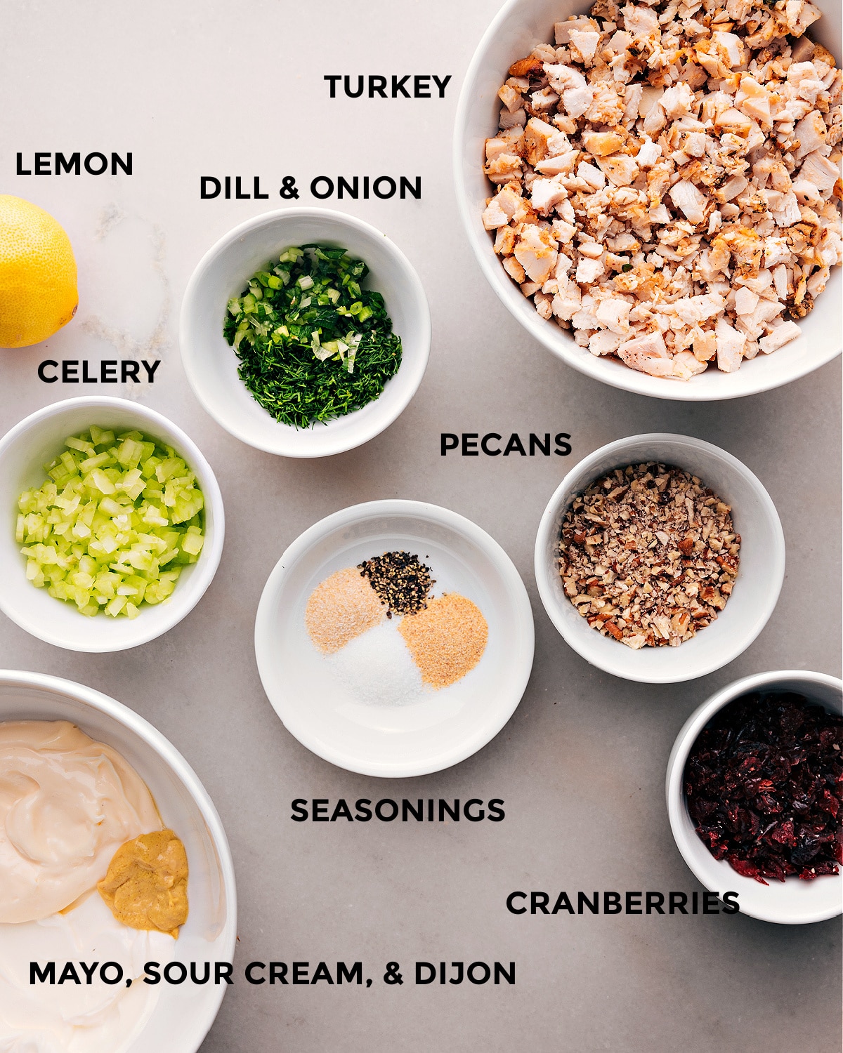 Ingredients for this recipe, including pecans, celery, various seasonings, and more.