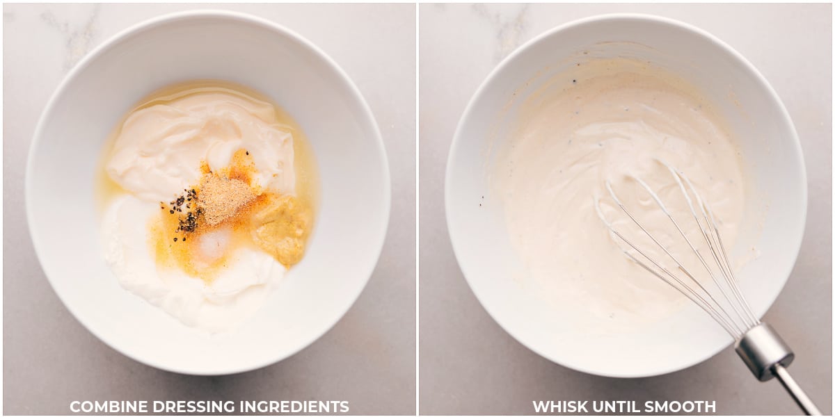 Combining dressing ingredients in a bowl and whisking until the mixture is creamy and smooth.