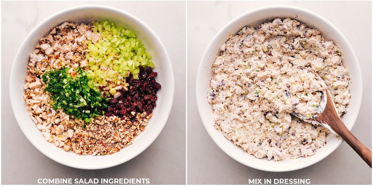 Combining ingredients for the Turkey Salad recipe in a bowl until thoroughly mixed together.