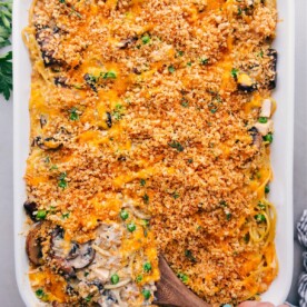 A finished dish of delicious turkey tetrazzini, showcasing the crisp top and the mouthwatering interior.