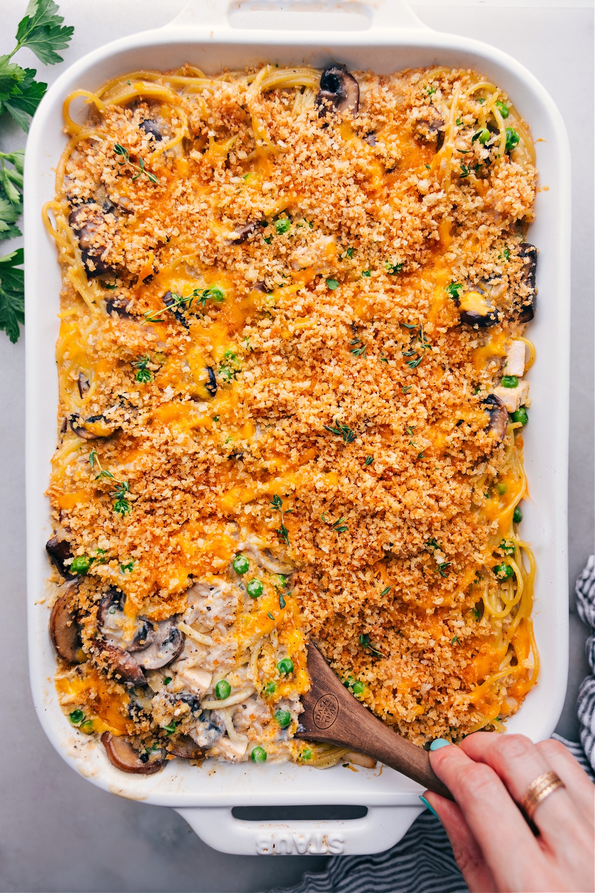 A finished dish of delicious turkey tetrazzini, showcasing the crisp top and the mouthwatering interior.