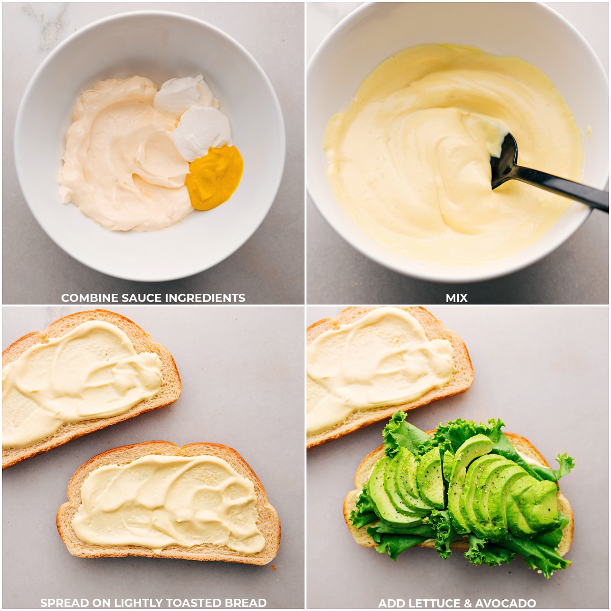 Mixing all sauce ingredients in a bowl, then spreading them onto a bread slice and adding lettuce and avocado.