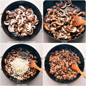 Sautéing mushrooms and onions in a pan until they become tender.