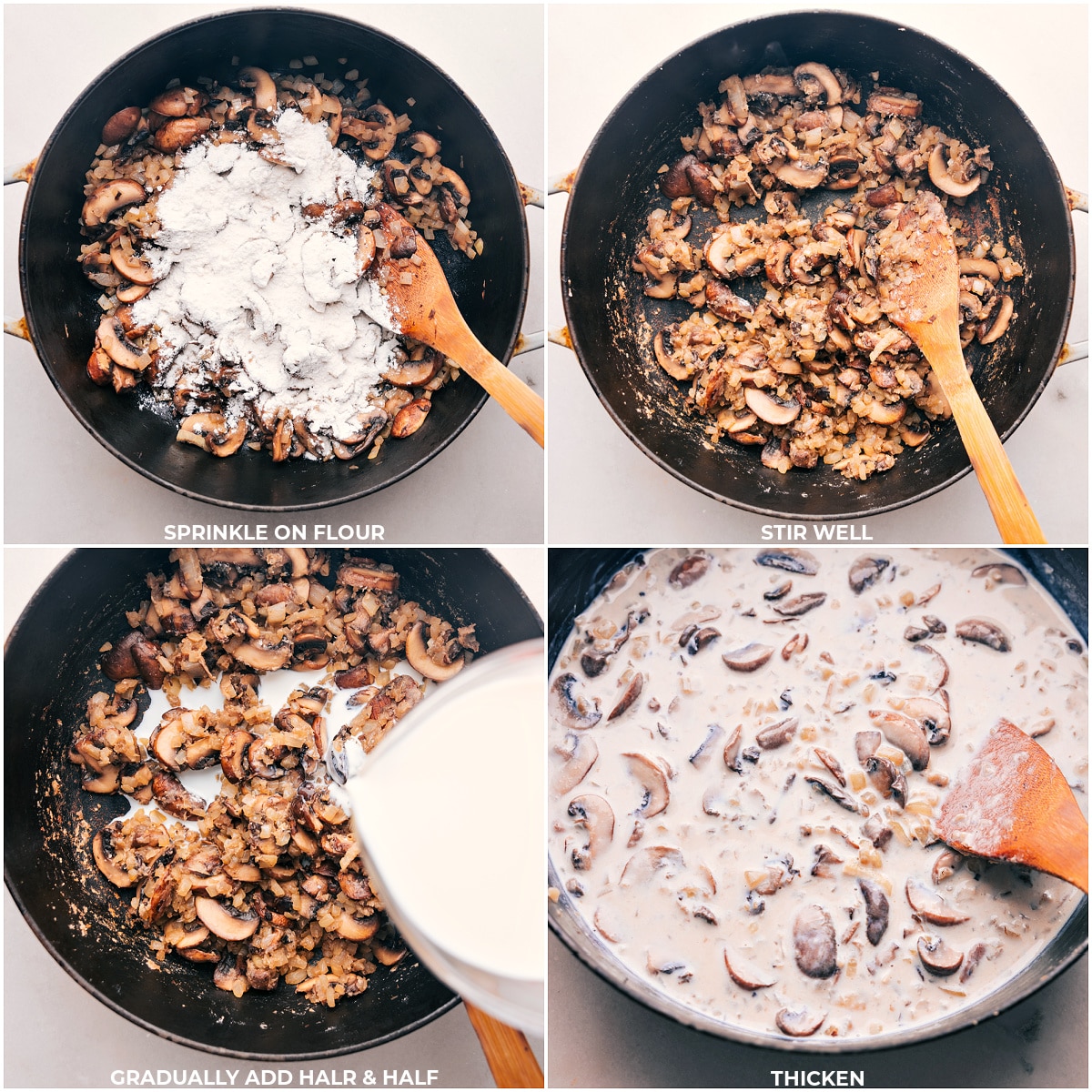 Adding flour to the mushrooms and half and half, stirring until the mixture thickens.