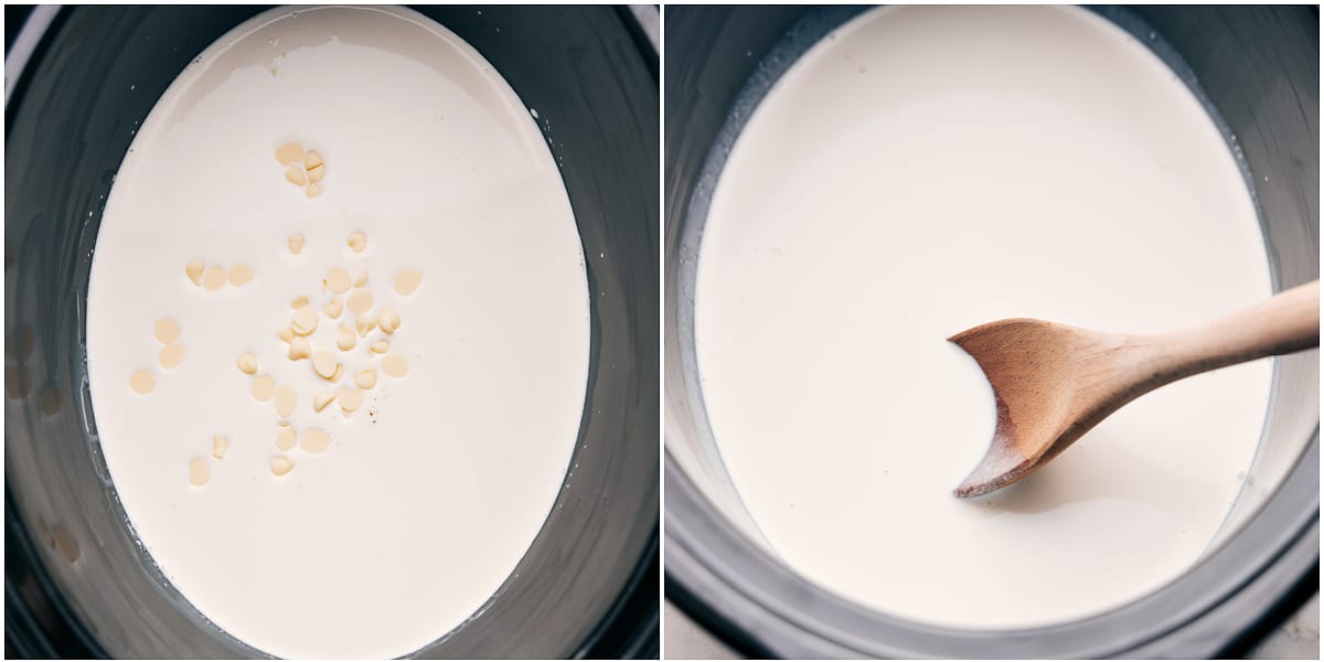 White chocolate chips being added to a pot of half-and-half, melting together until smooth for the hot chocolate preparation.