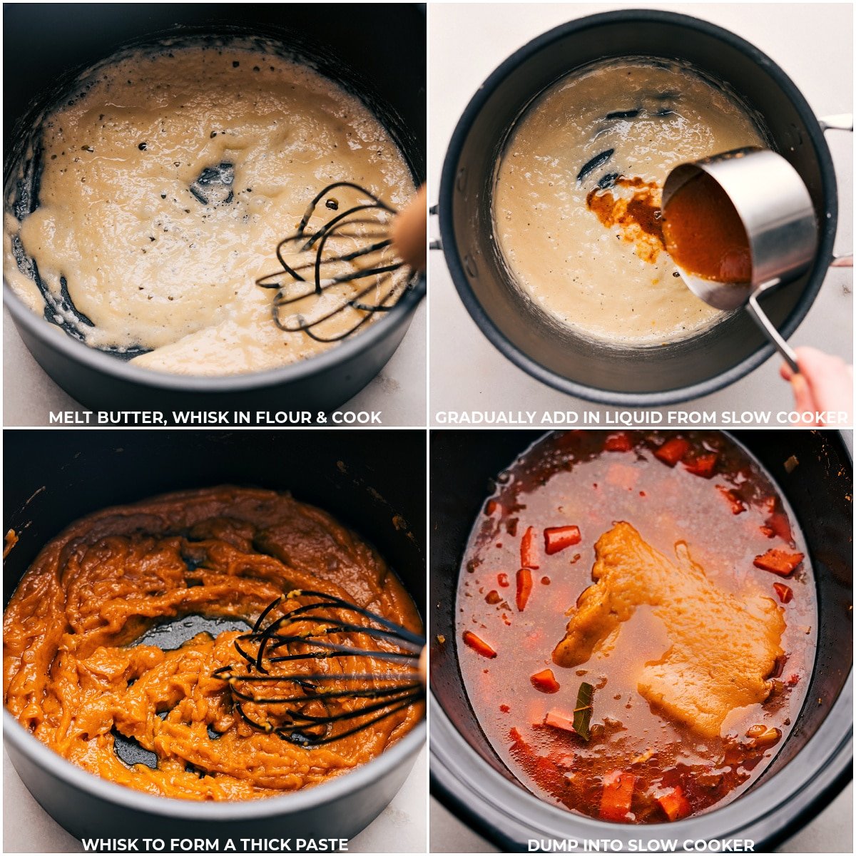 Butter and flour being whisked together and poured into the slow cooker for a roux.