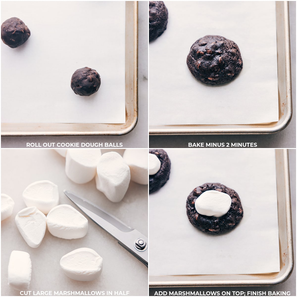 Dough balls being rolled out and baked; then marshmallows being cut in half; and placed on top of the partially baked cookies.