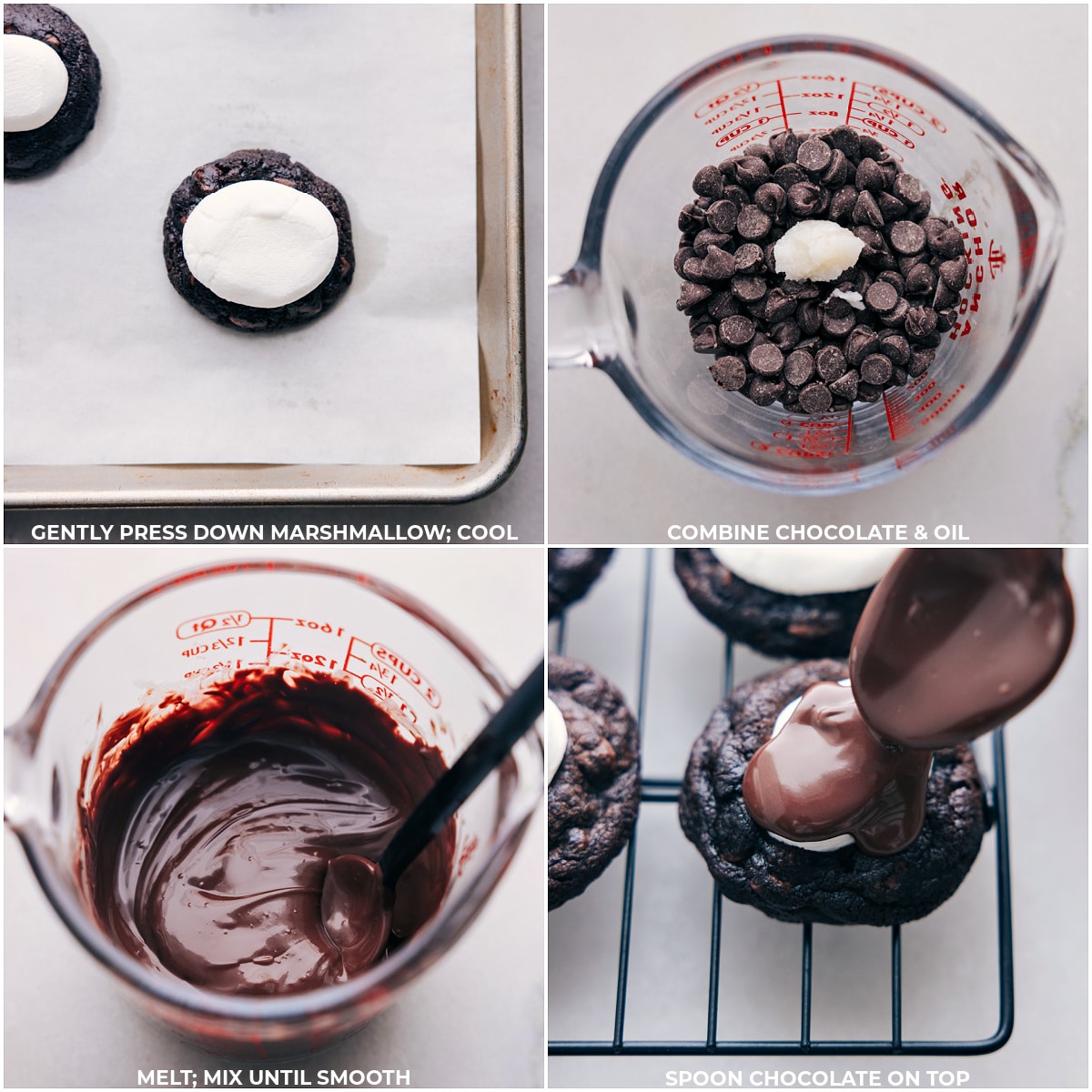 Marshmallow being pressed down; chocolate being melted and spread over the baked cookies.