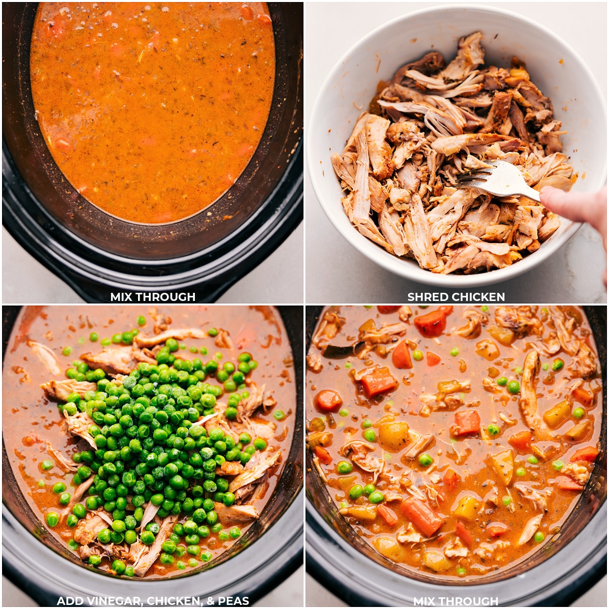 Chicken being removed from the cooked stew and shredded then added back with the vinegar and peas.