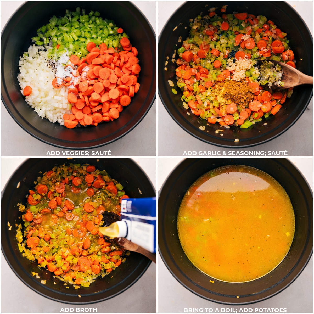 Adding vegetables to the pot and sautéing them, followed by adding seasonings and broth, bringing it to a boil, and adding potatoes.