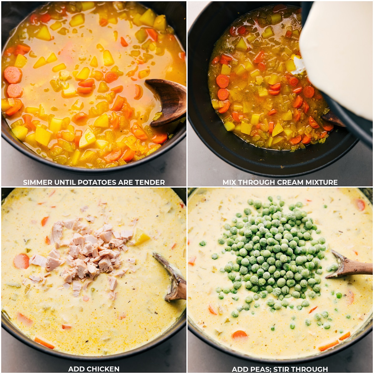 Simmering until the potatoes are tender, then adding the cream mixture, chicken, and peas, and stirring through, completing the preparation of Curry Chicken Chowder.