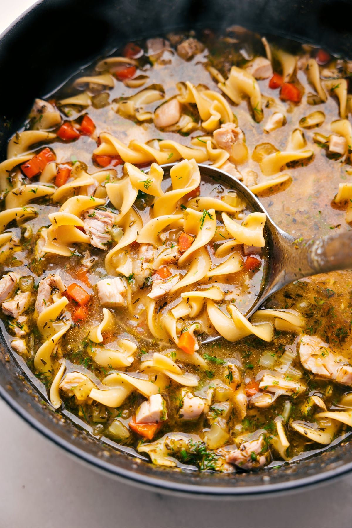 Ladle full of the dish ready to be enjoyed.