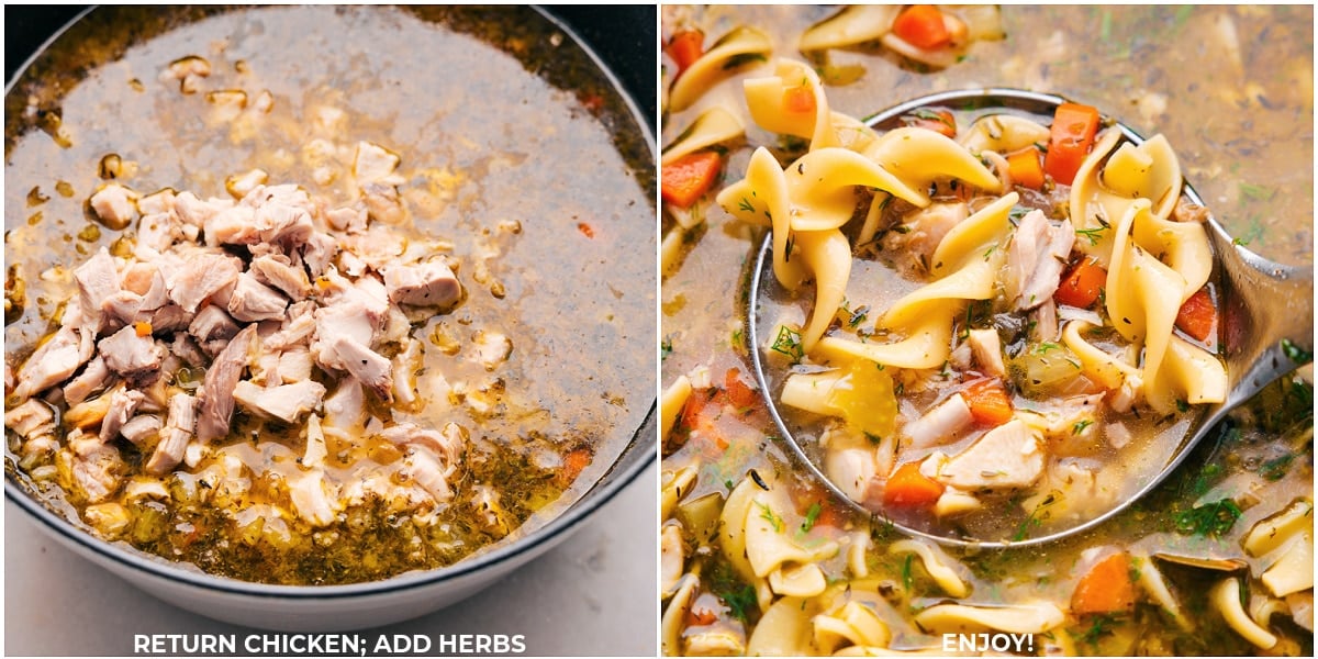 Chicken and herbs being added to the pot and the ChickenNoodle Soup being completed.