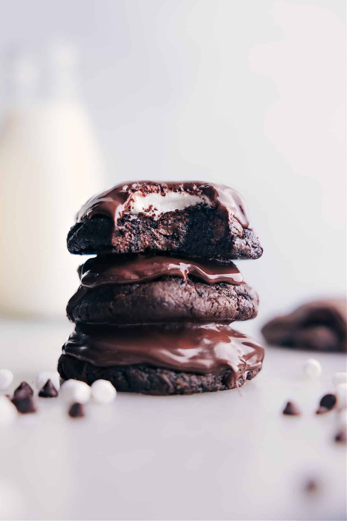 Chocolate Marshmallow Cookies stacked on top of each other.