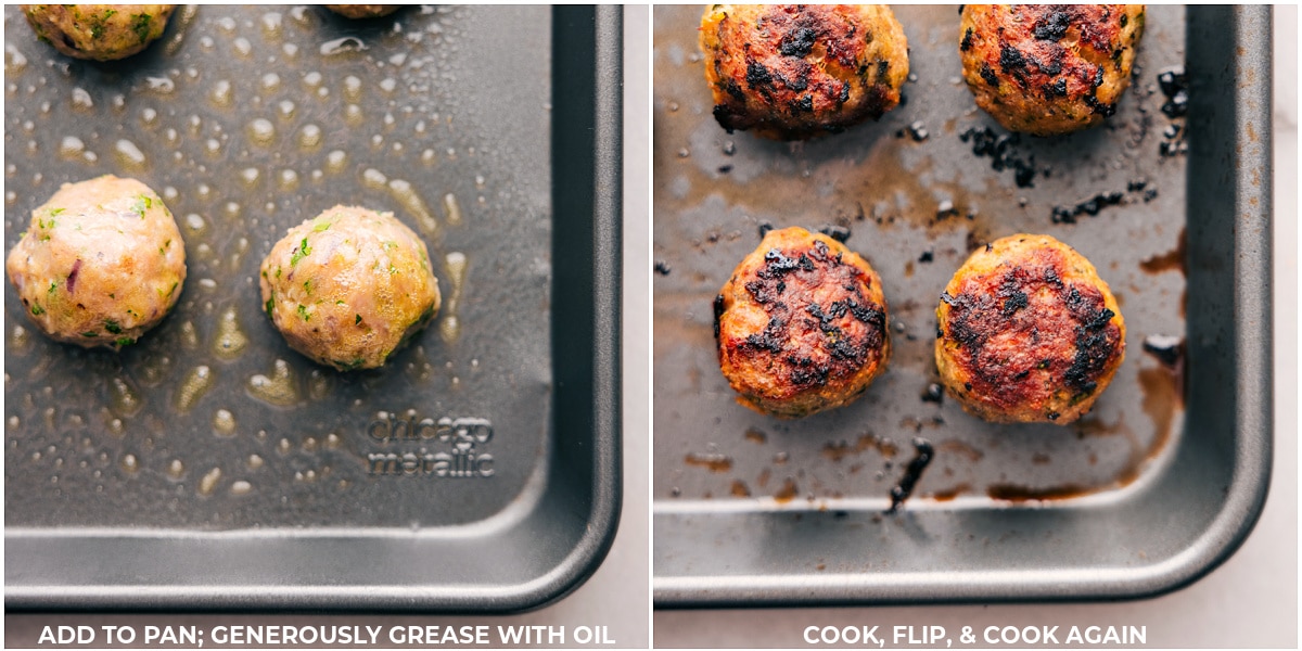 The Greek Turkey Meatballs being baked and then flipped halfway and baked again.